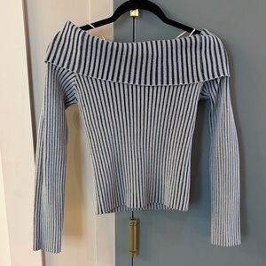 Elegant Blue Striped Off-Shoulder Sweater